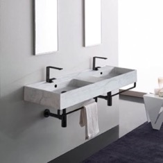 Marble Design Ceramic Wall Mounted Double Sink With Black Towel Bar